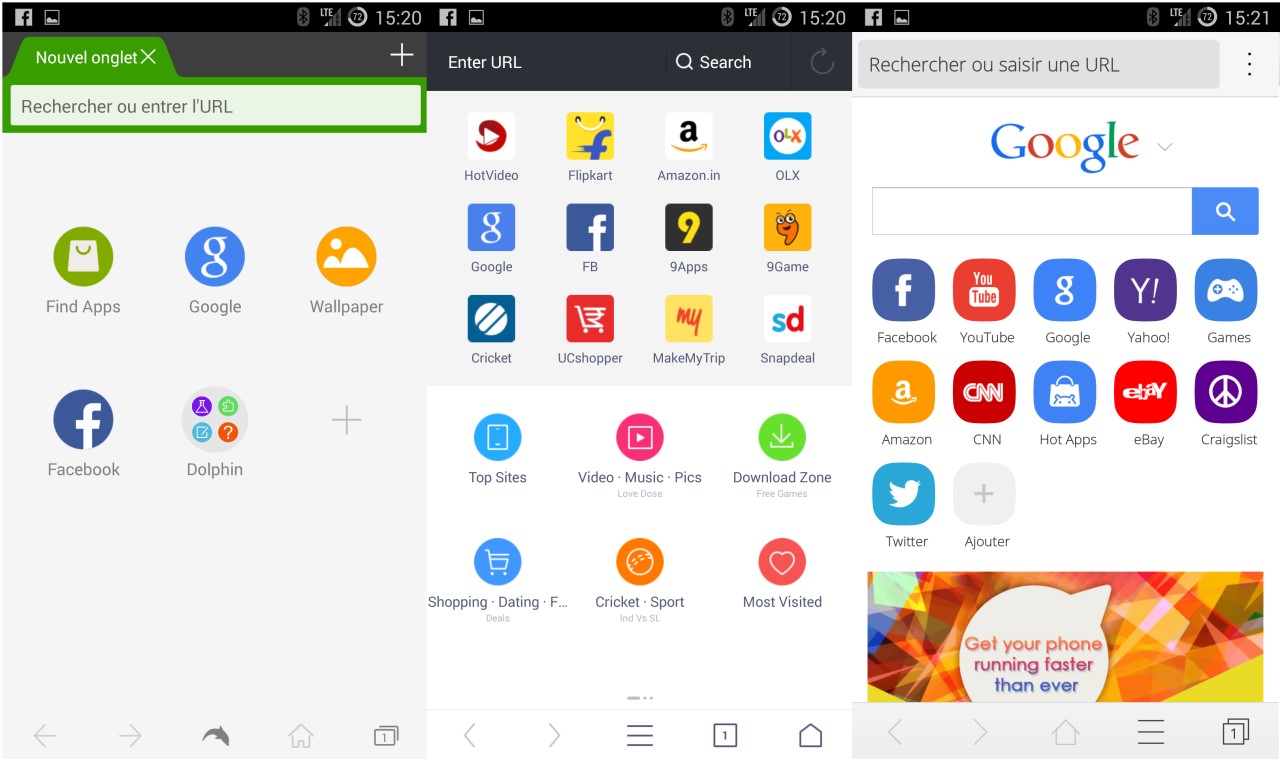 Comparatif de navigateurs Internet Android avec Dolphin et CM Browser