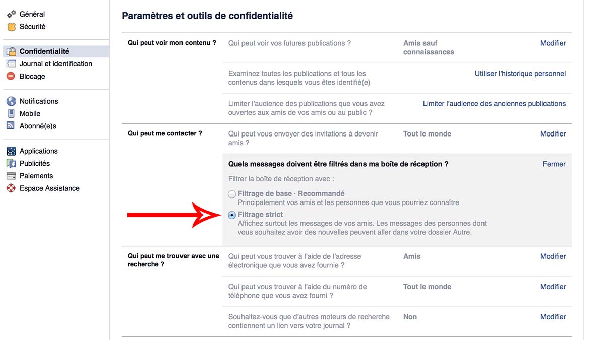 facebook reglages confidentialite