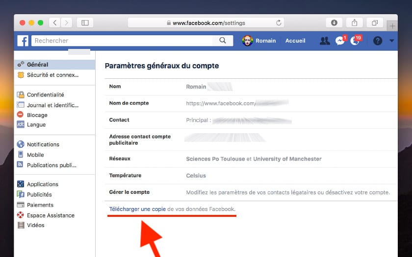 facebook telecharger donnees