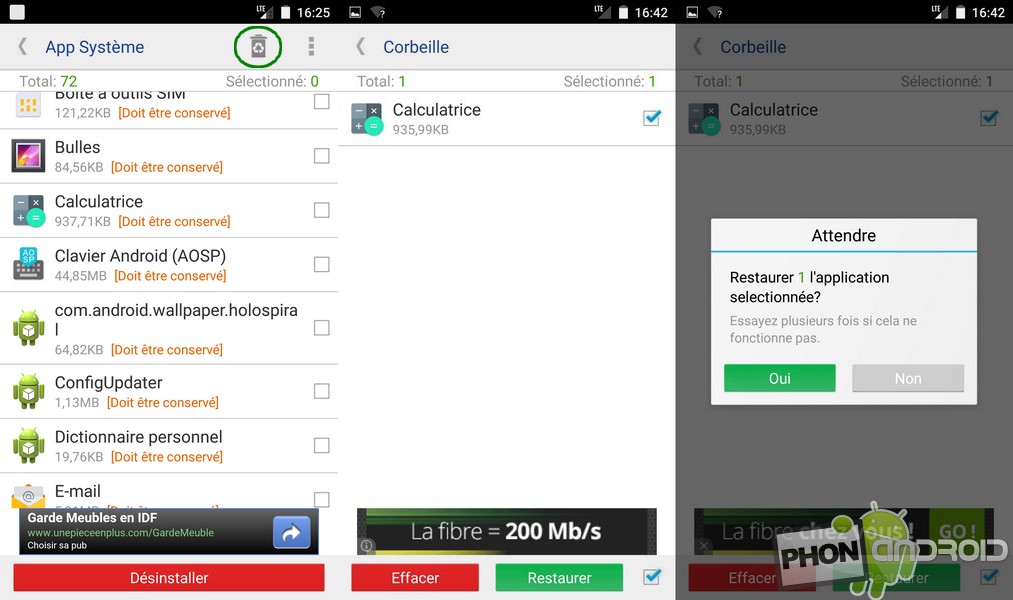 restaurer une application système