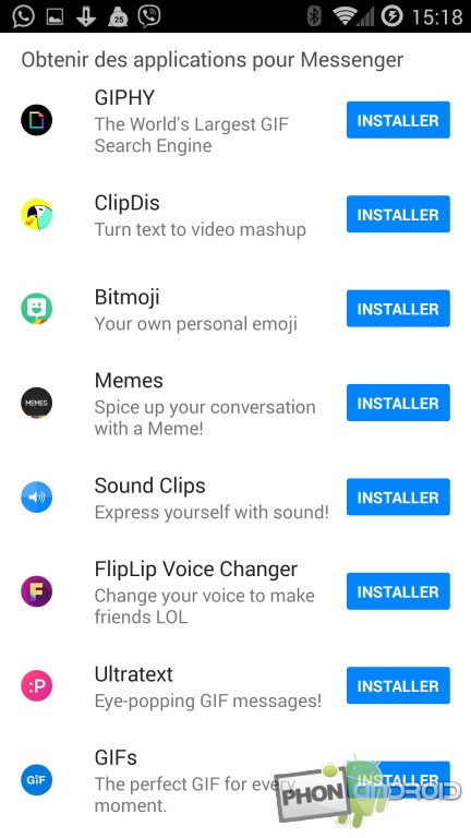 Messenger, la liste des applications