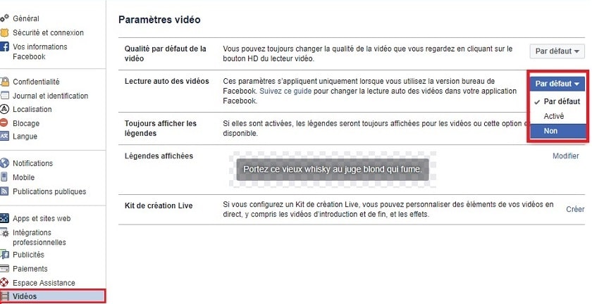 Désactiver autoplay Facebook web