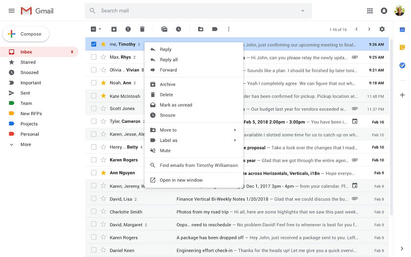 Gmail menu contextuel