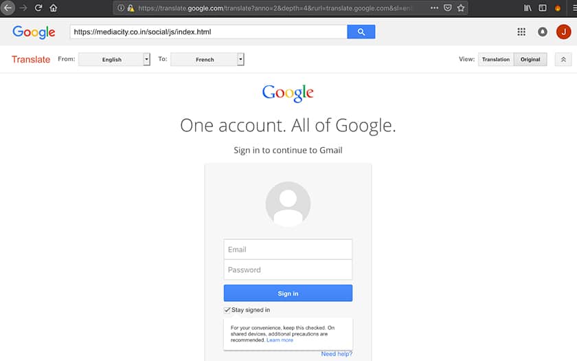 page de phishing via google traduction