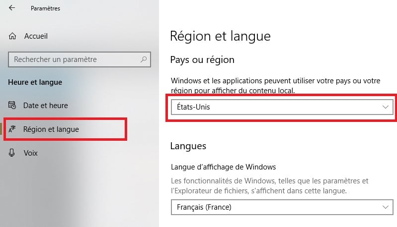 Windows 10 région France