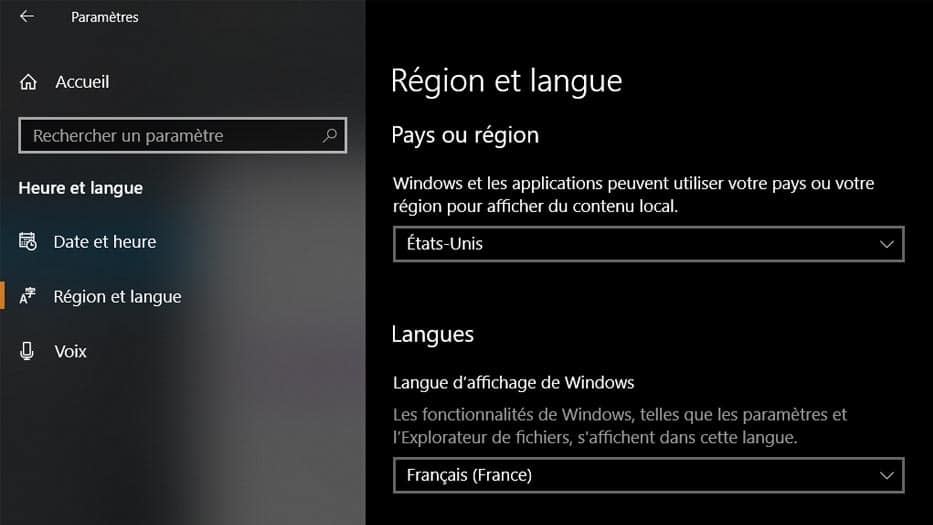 windows 10 région langue