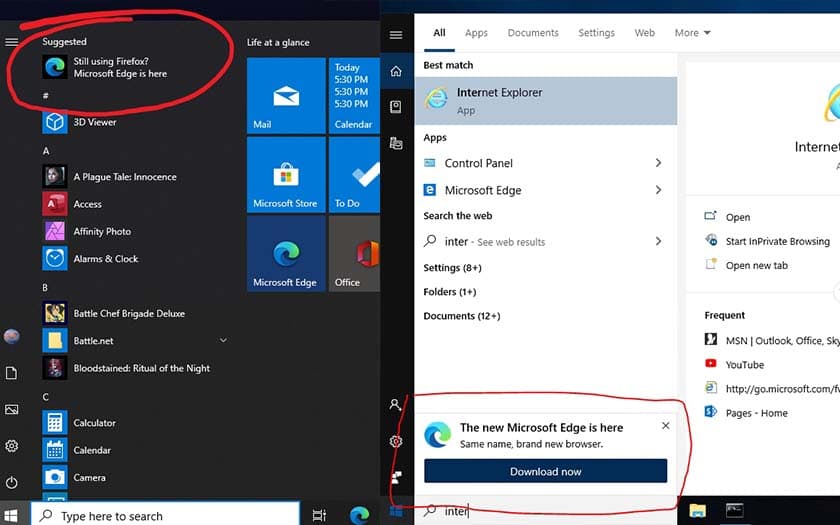 windows 10 pub menu démarrer incite firefox edge