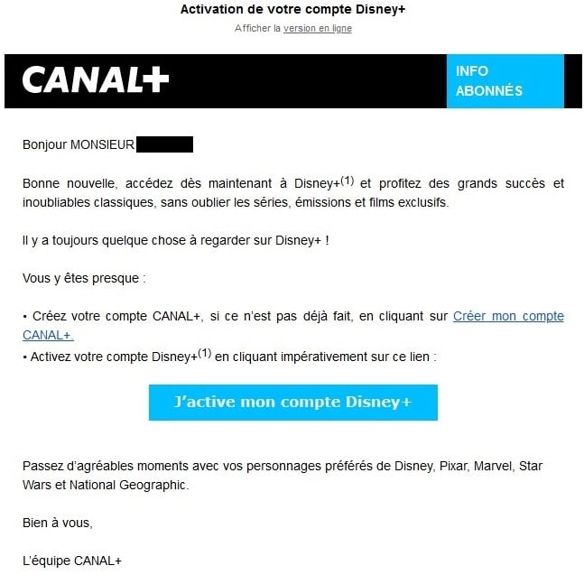 Mail activation Canal+ pour compte Disney+