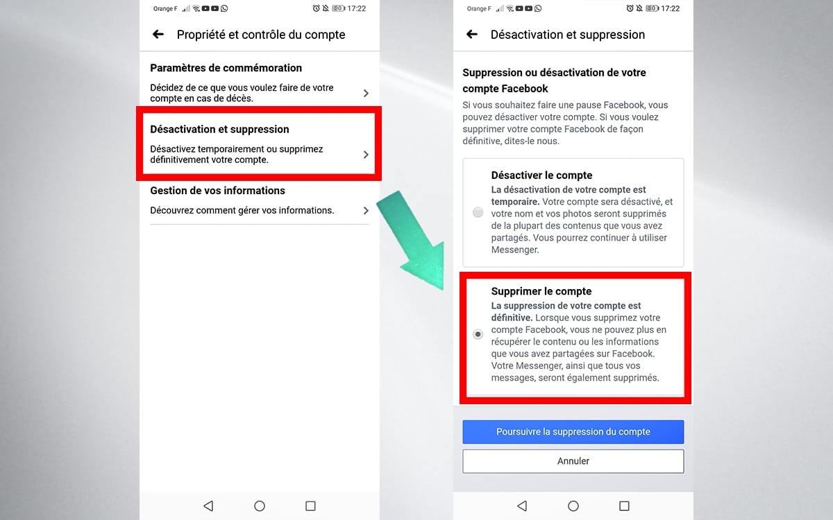 Facebook Android suppression de compte