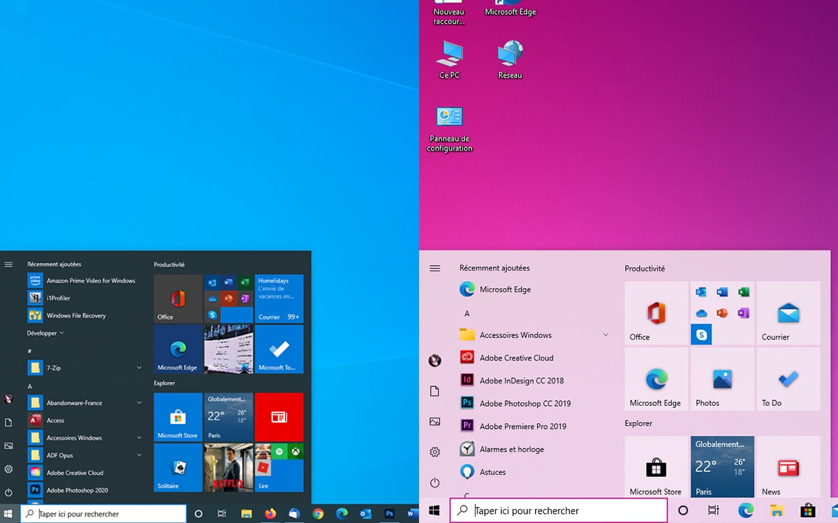 Windows 10 ancien et nouveau menu Démarrer