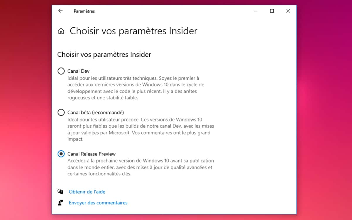 Windows 10 Mise a jour octobre 2020 choix parametres insider
