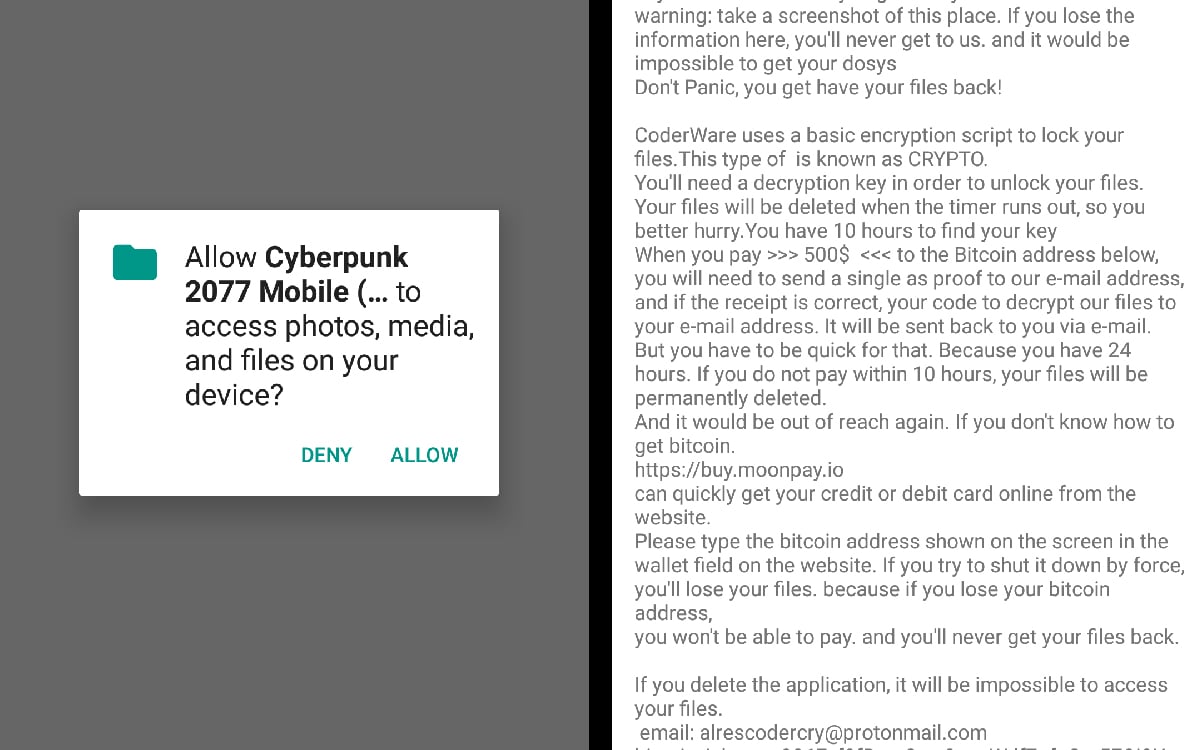 Cyberpunk 2077 Android malware screenshot