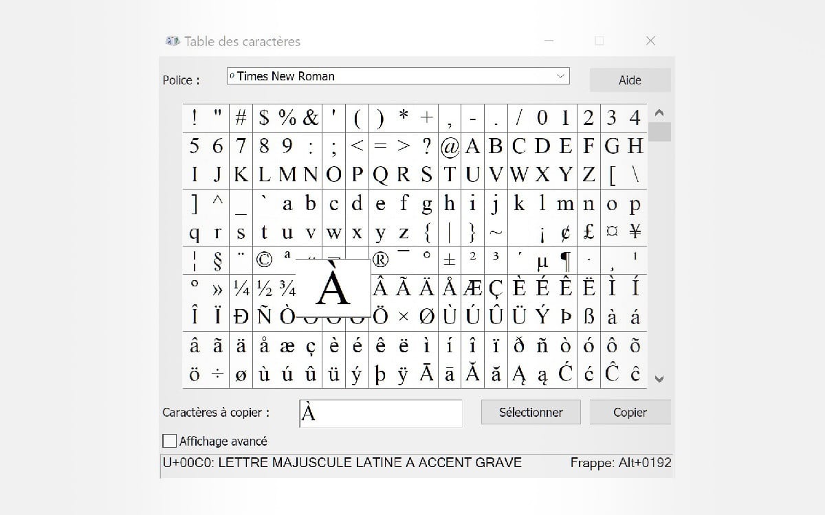 table caractères windows