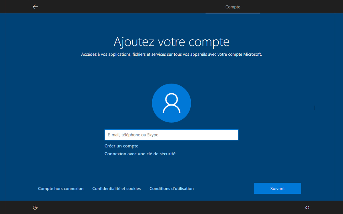 Windows 10 installation add user account