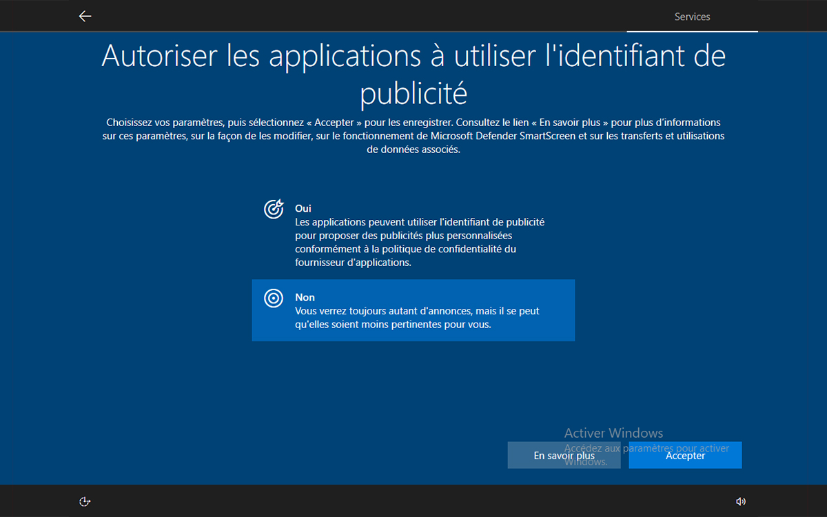 Windows 10 installation autorise applications publicite