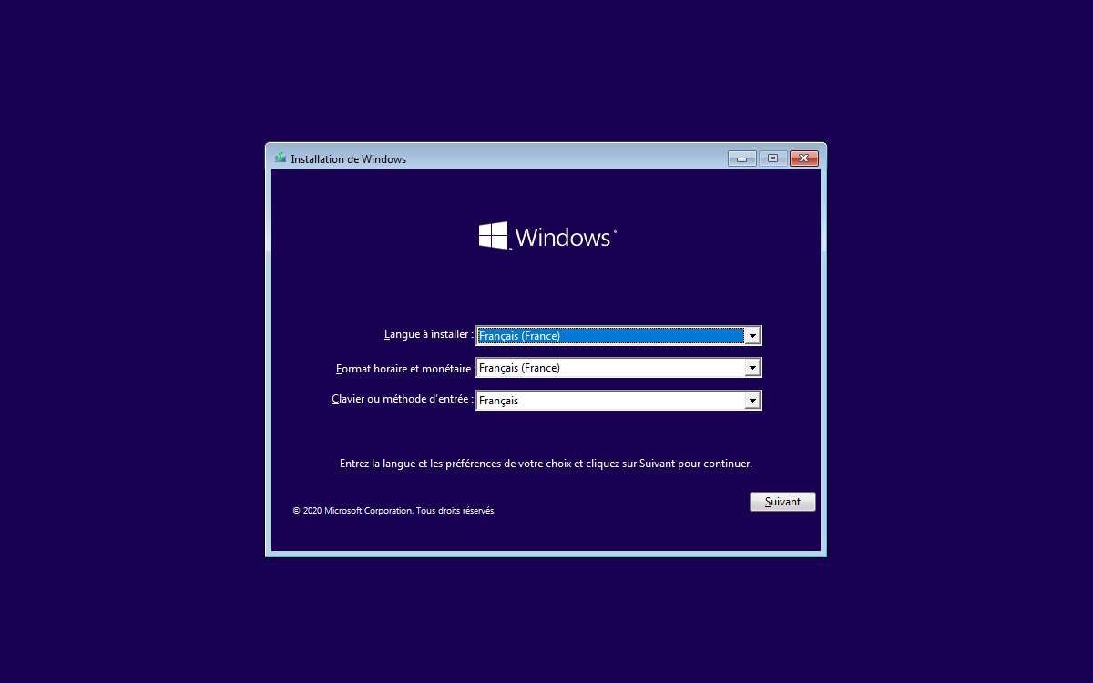 Windows 10 installation choix langue heure clavier