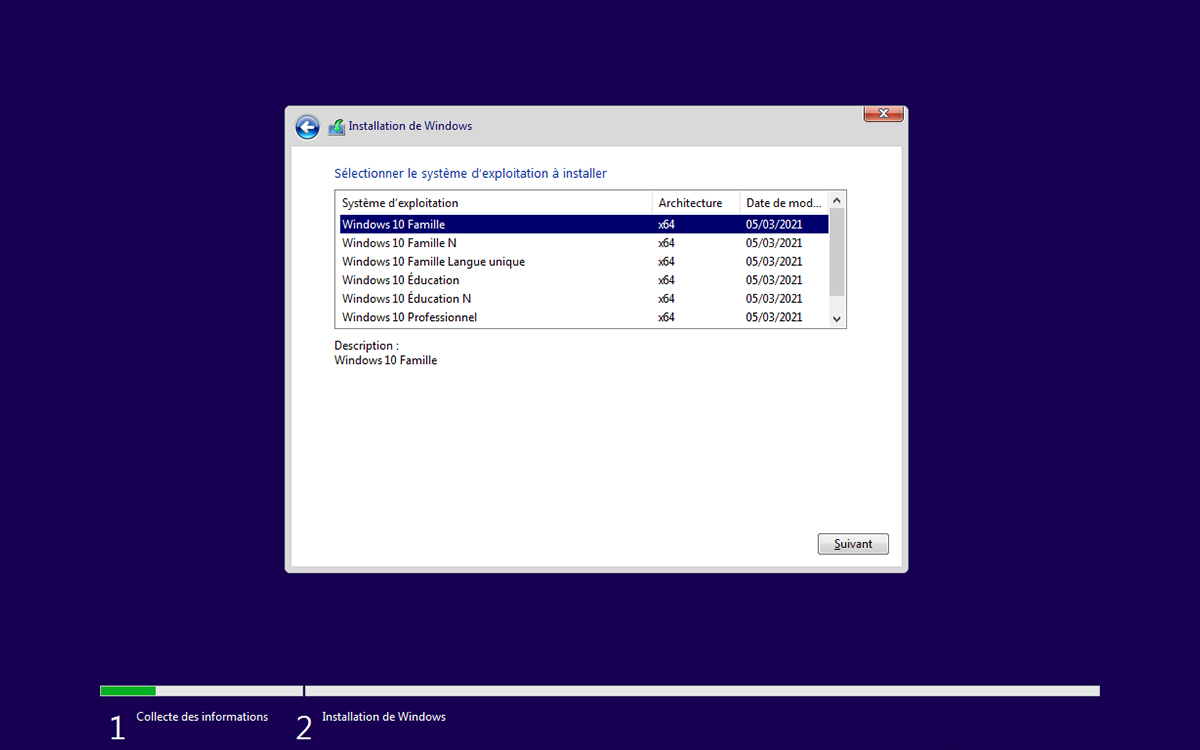 Windows 10 installation choix version famille ou profesionnel
