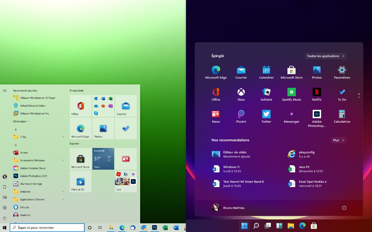 Comparaison Menu Demarrer Windows 10 et Windows 11
