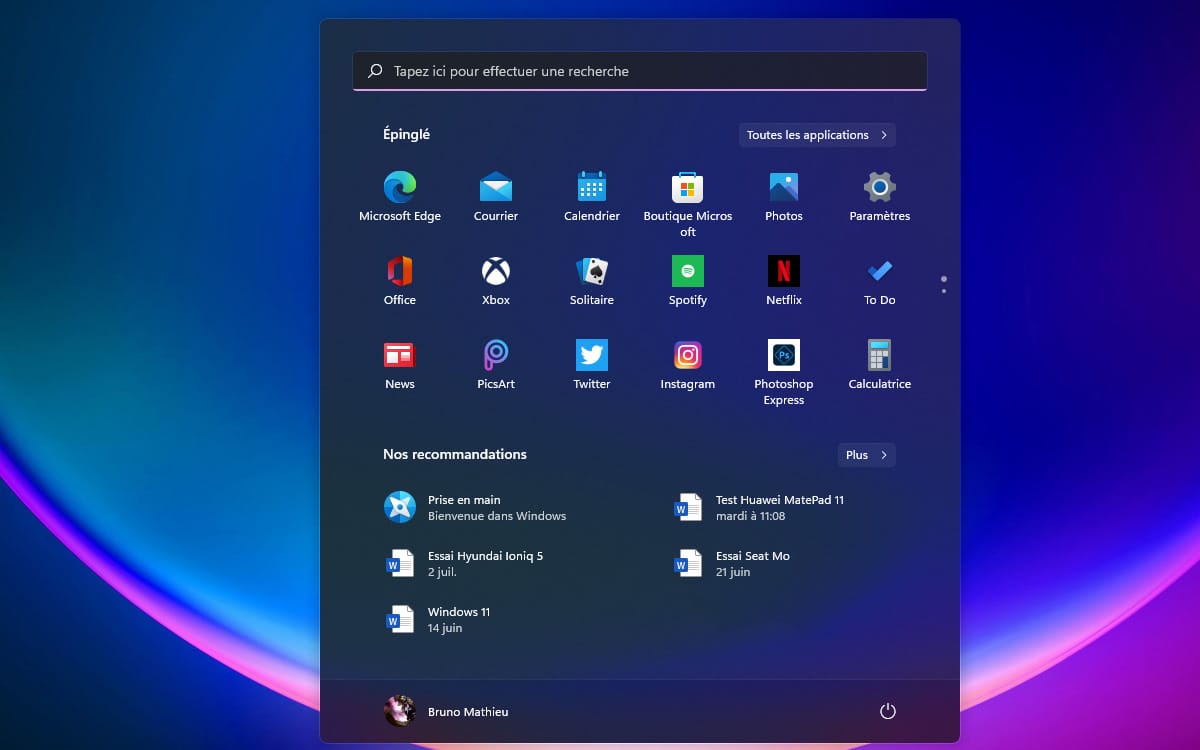 Windows 11 Menu Demarrer champ de recherche