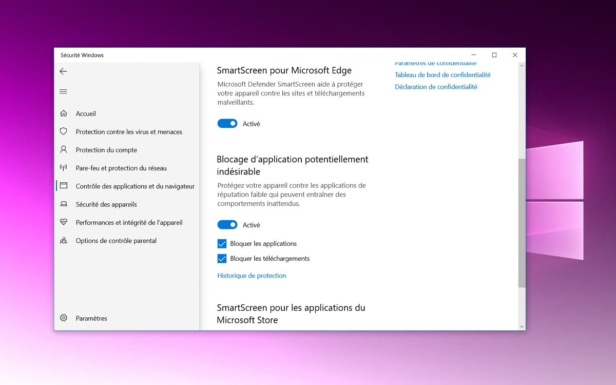 Windows 10 blocage application indesirable malware