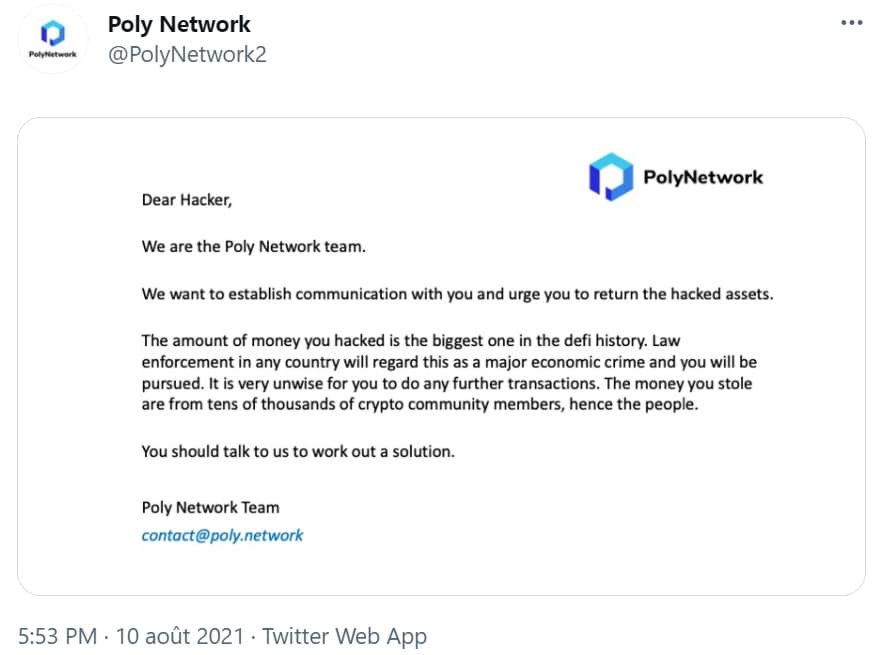 tweet Poly Network braquage
