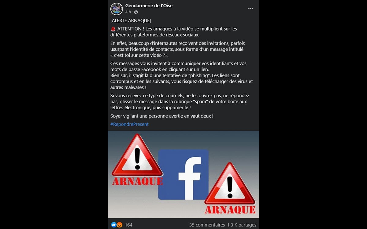 Gendarmerie alerte arnaque video facebook