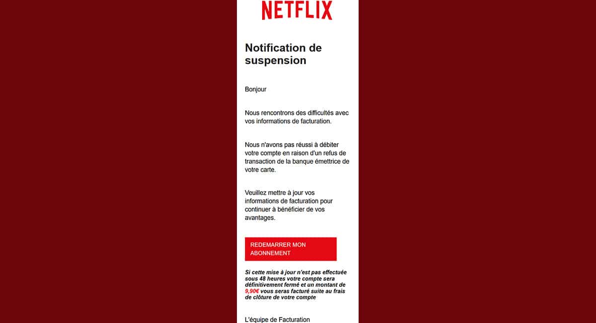 Netflix phishing notification suspension
