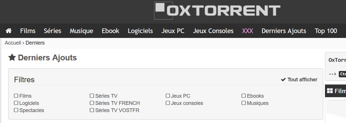 OxTorrent derniers ajouts