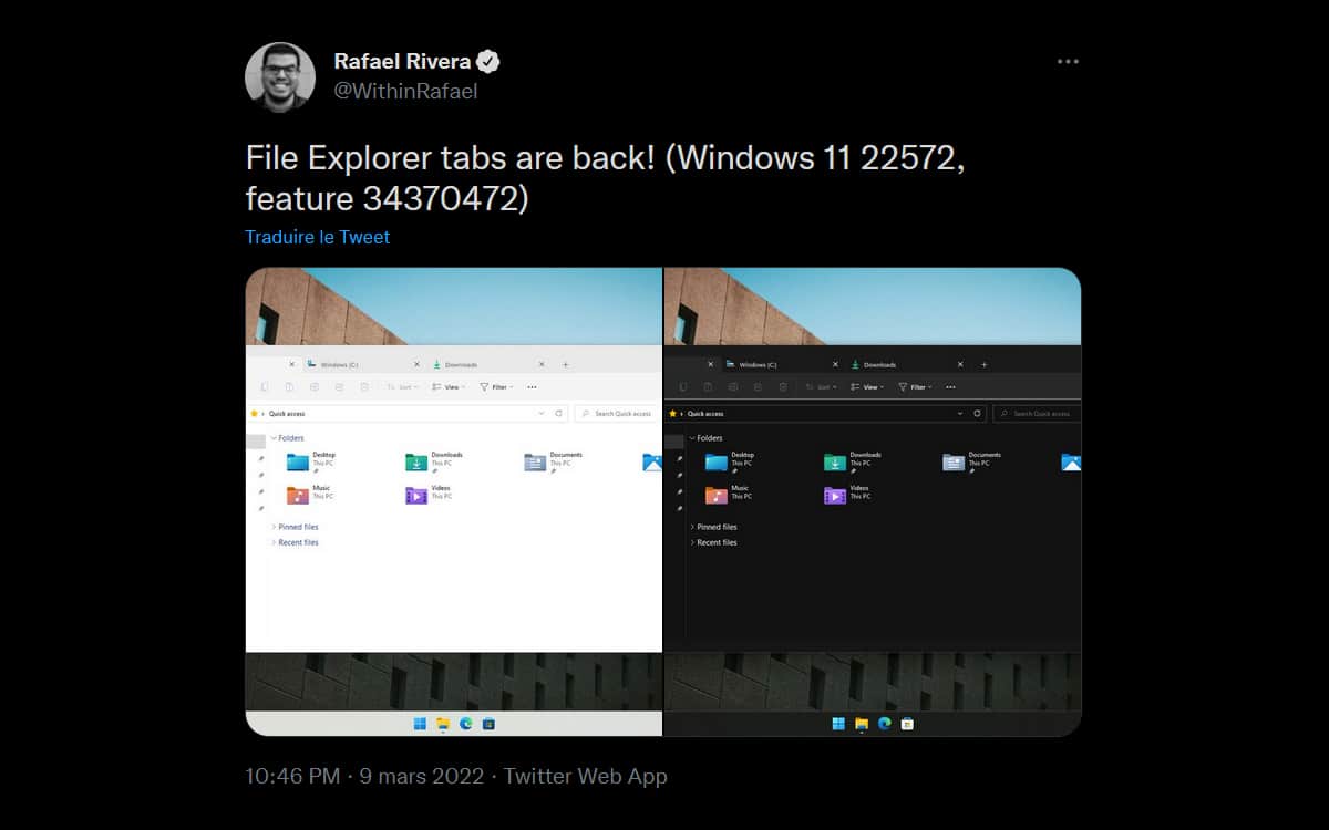 tweet windows 11 explorateur fichiers onglets