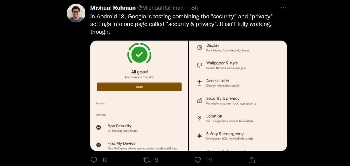 tweet android 13 sécurité