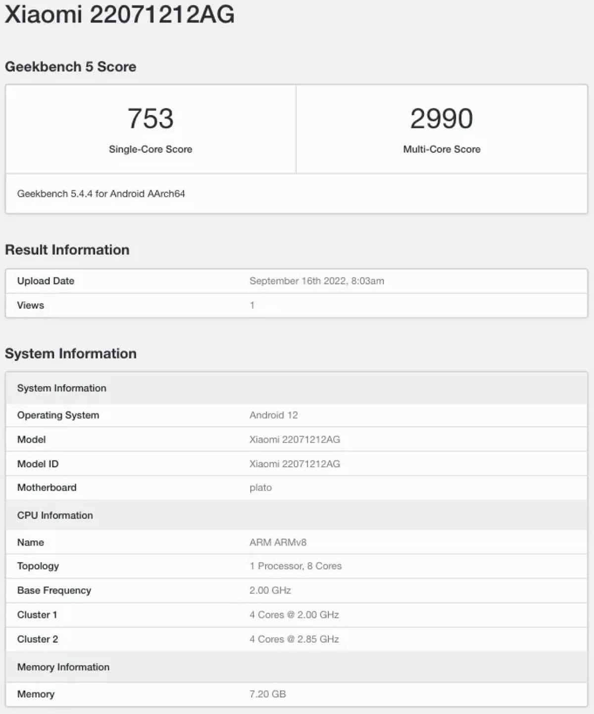 Xiaomi 12T Geekbench