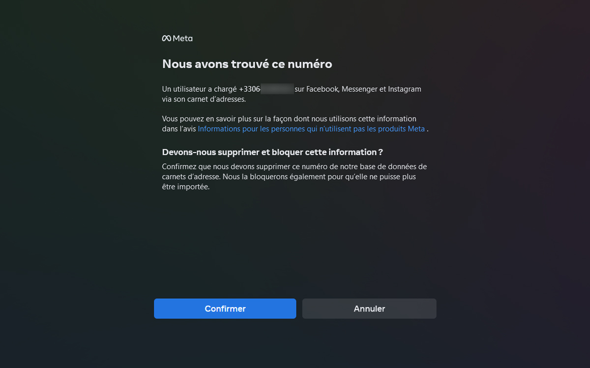 tuto meta supprimer numero telephone