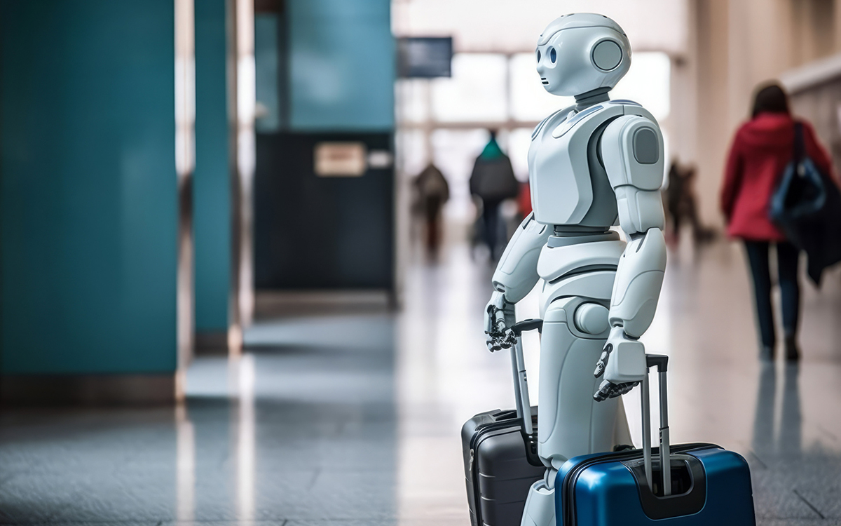 Robot avec valises qui voyage